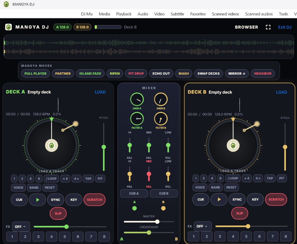 Mangya DJ Mix with dual decks, mixer, and Mangya Moves