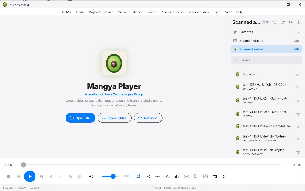 Mangya Media Player home screen with library and playback controls